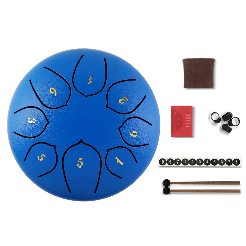 Tongue Drum 6 Inch Steel Tongue Drum Set 8 Tune Hand Pan Drum Pad Tank Sticks Carrying Bag Percussion Instruments Accessories: Blue