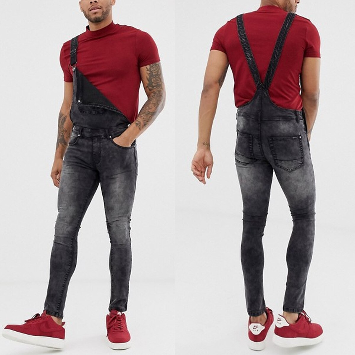 WEPBEL Men Jeans Pants Plus Size Solid Color Denim Overalls Grey Denim Jumpsuits Strap Rompers Ripped Jeans Trousers: S