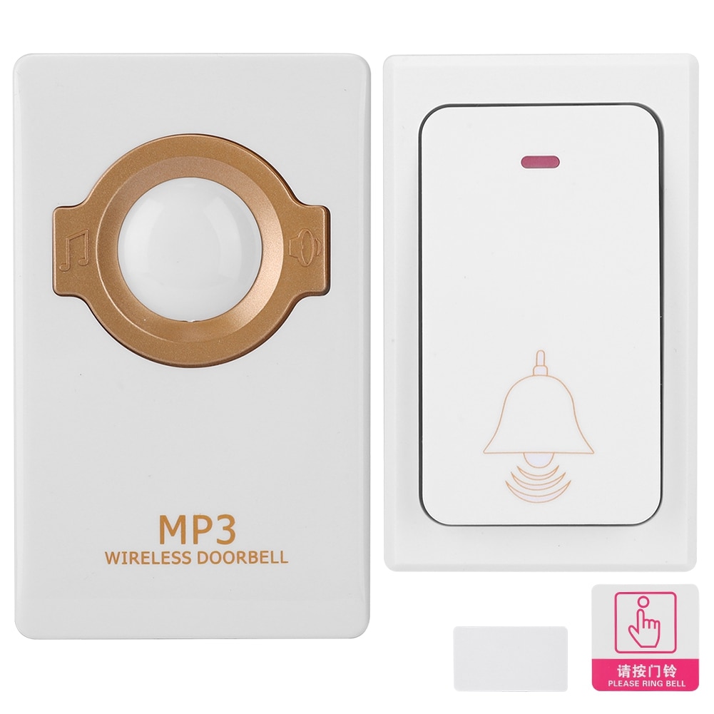 Juego de timbre MP3 inalámbrico con botón remoto autoalimentado + enchufe estadounidense del receptor 100-240V