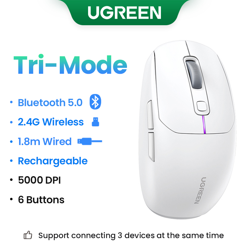 UGREEN Gaming Mouse 5000DPI Wireless Mouse Bluetooth 5.0 2.4G Wired Rechargeable Gamer Mice 6 Buttons For MacBook Tablet Laptops: GRAY