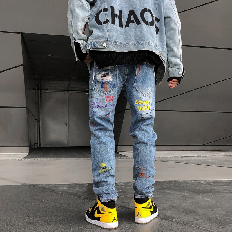 Jean déchiré de rue pour hommes, jean de clochard imprimé Graffiti, Hip Hop, trous au genou, pantalon en Denim, ample, en coton, décontracté