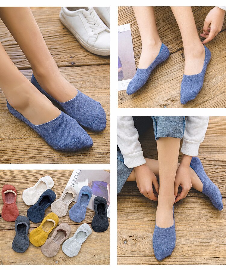 5Pair Women's Cotton Invisible No Show Socks Non-slip Silicone Sock Solid Color Felmen Sock Slippers Short Socks