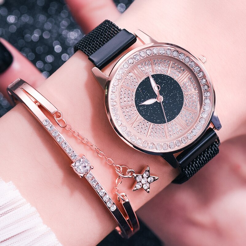 Dames leren sporthorloges quartzhorloges dames polshorloge dameshorloge met strass en armband: Magneet zwarte set