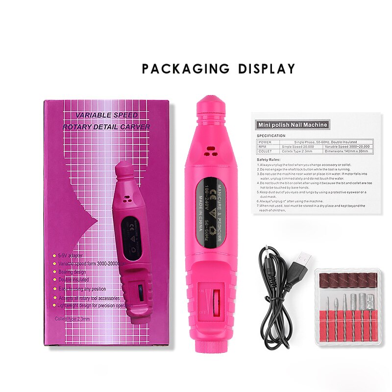 Kit de máquina pulidora eléctrica para uñas, herramientas de manicura para retirar esmalte de Gel, lima de uñas, 20000RPM, con brocas: RED