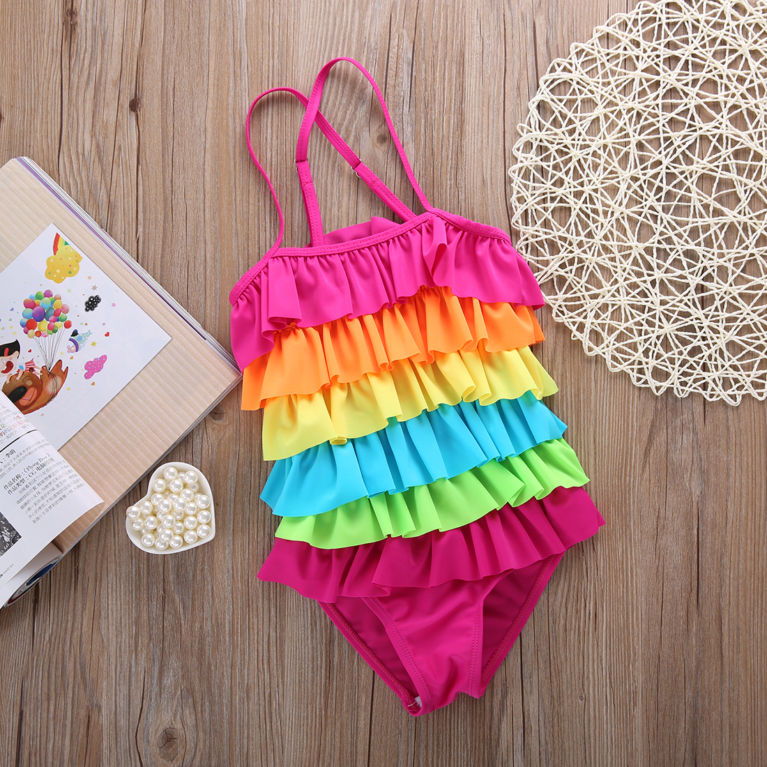 Et stykke små piger regnbue badedragt sommer strandtøj farverigt lagdelt stribet bikini badetøj badebadedragt super cutr
