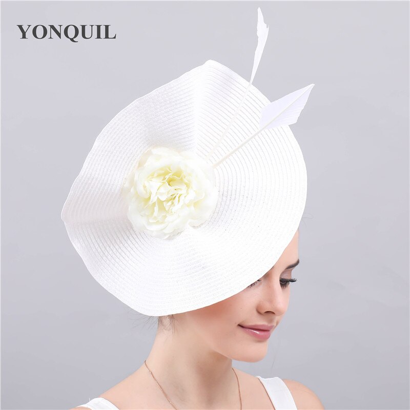 Grand chapeau de mariage blanc en paille pour femmes, Imitation, couvre-chef pour mariée, fascinateur, avec fleur à la , accessoires pour cheveux