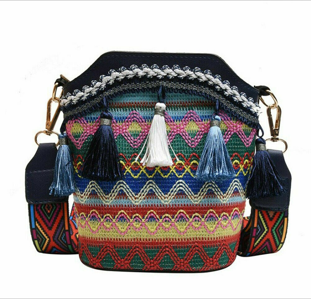 2020 nova moda feminina senhora saco de palha do vintage satchel handwoven crossbody mensageiro viagem praia bolsa de ombro: Azul marinho