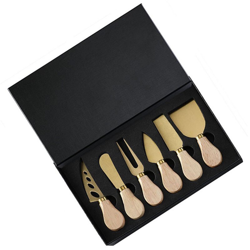 Premium 6-Piece Cheese Knife Set with Box Complete Rubber Wood Handle Steel Stainless Cheese Knives Collection: 6pcs gold