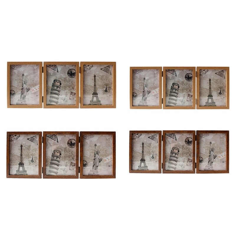 Retro double-sided triple-fold composite photo frame Hinged Picture Frame with Glass Front Made to Display Stands Verti