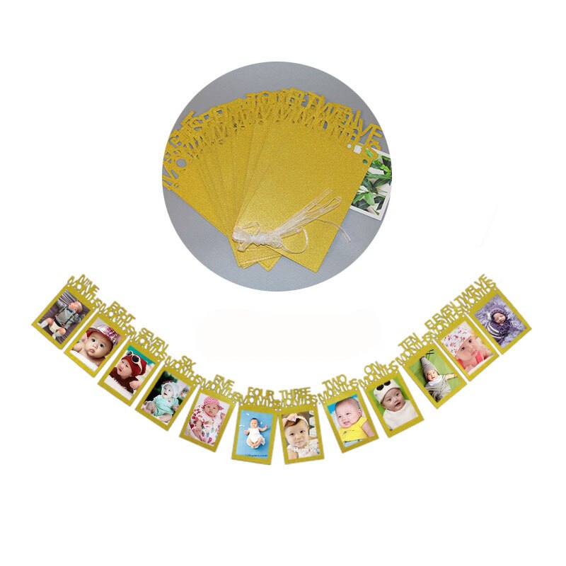 Marco de fotos de 12 meses, cartel para primer cumpleaños, decoraciones para primer bebé, niño y niña, suministros para fiestas de 1 año, dorado, rosa y plateado: Oro