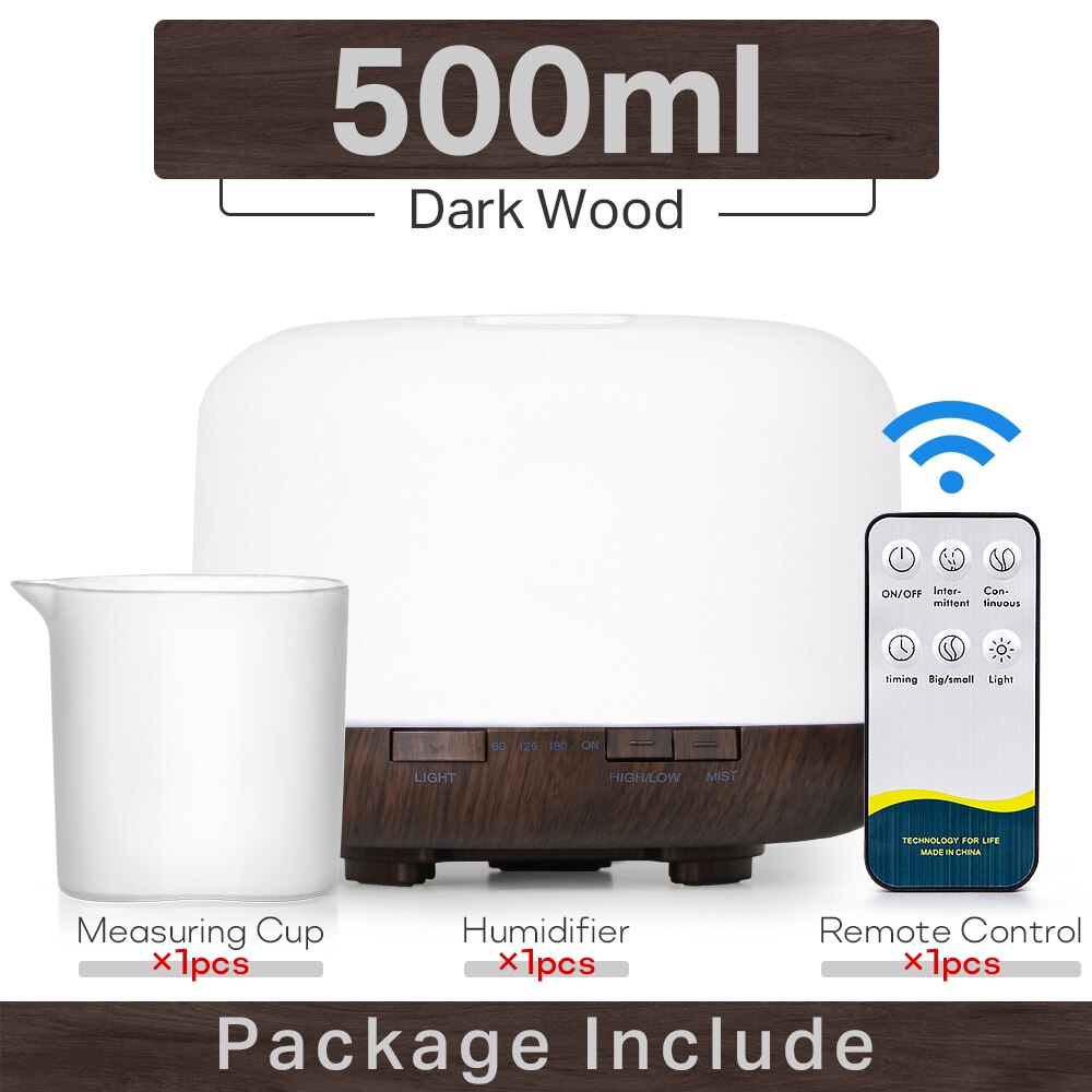 300 500ML Air Humidifier With Remote Control Colorful Non-printed Ultrasound Aroma Diffuser Pure White Dark Light Wood Grain: Reddle / AU