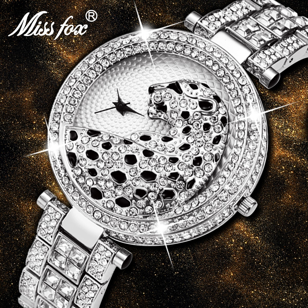 Missfox luxe dameshorloge in zilverkleur, glamoureus quartz-uurwerk met drie wijzers, waterdichte klok met diamanten lunette