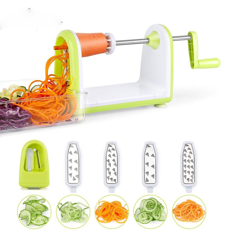 5 cuchillas de espiralizador de verduras plegable para verduras, Pasta y espaguetis, cortador de verduras en espiral, cortador de calabacín: Verde claro
