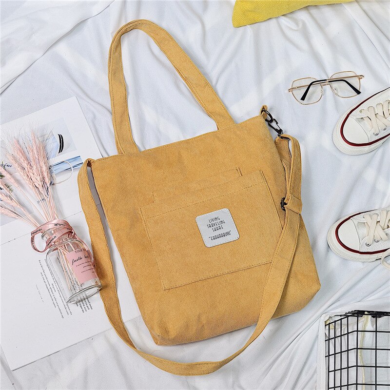 Women Warm Corduroy Tote Ladies Casual Canvas Shoulder Bag Soft Crossbody Bags Beach Bag Striped Cloth Female Handbag Books Bags: YELLOW