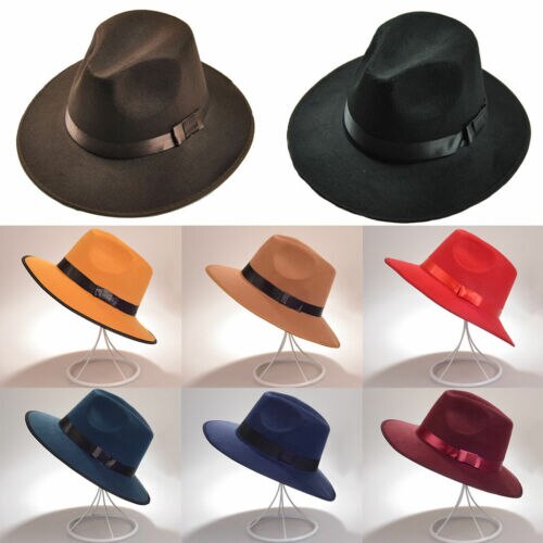 Vintage herre kvinner hard følte lue bred kant fedora trilby panama gangster lue solhatter svart grå