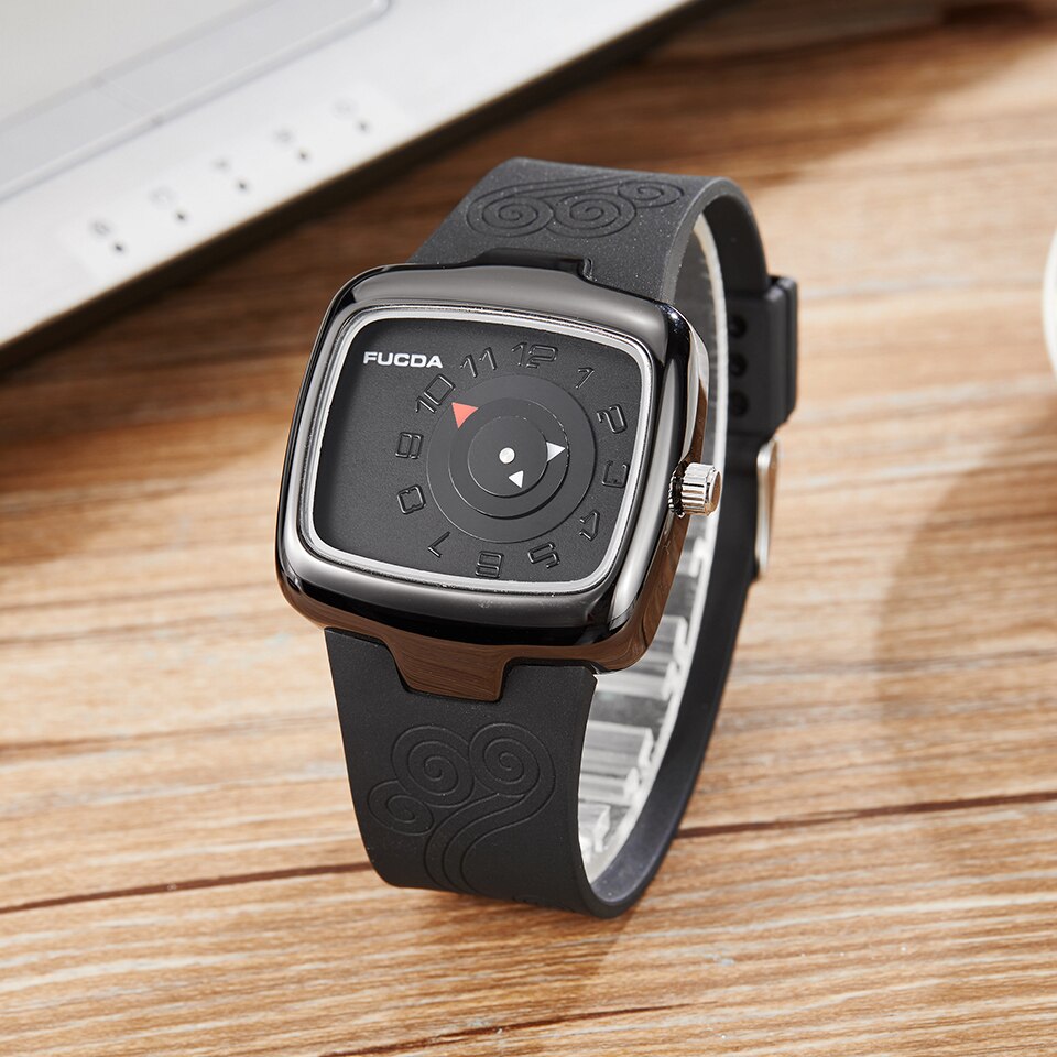 Draaitafel Mannen Horloge Koreaans Zwart Wit Vierkant Quartz Heren Polshorloge Mannelijke Creatieve Rubberen Band Horloges Logio Masculino