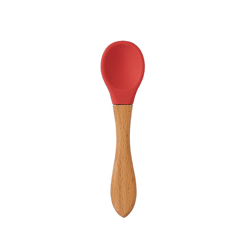 Feeding Wooden Handle Silicone Spoon For Baby Utensils Eat Soild Food Kids Training Manipulative Ability Children's Tableware: E219462