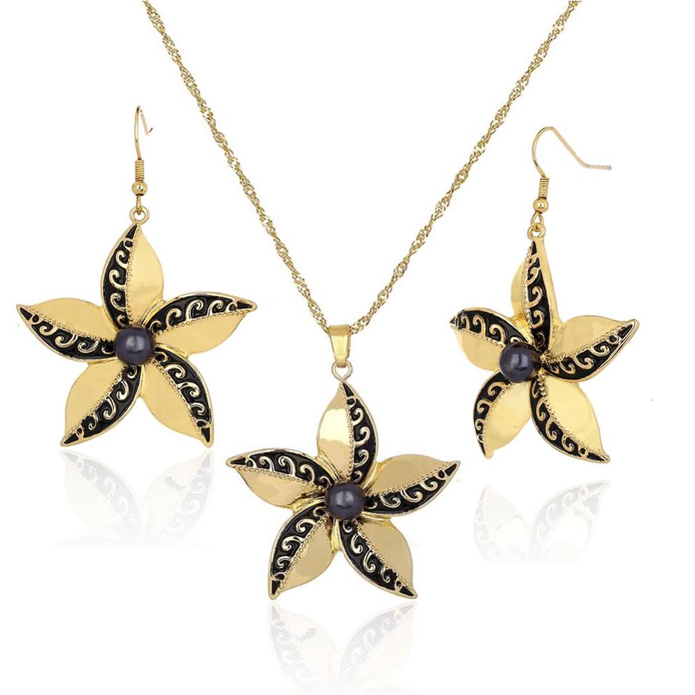 Cring Coco Mode Hibiscus Bloemen Sieraden Set Vrouwen Hawaiian Polynesische Vergulde Ketting Oorbellen Set: ZH0024GOGR