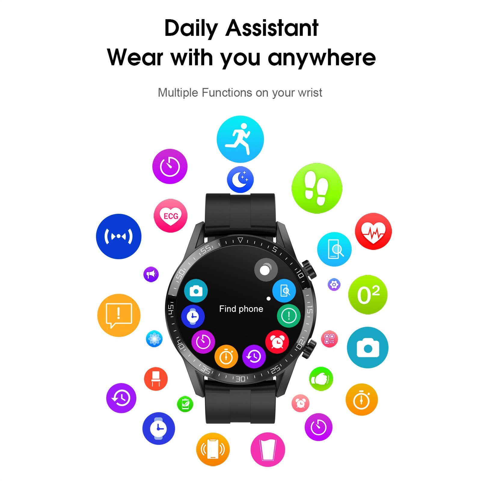 BEHATRD Smartwatch - 1.28" Temperature, Heart Rate, GPS - IP68 Waterproof - Rubber & Silicone Strap