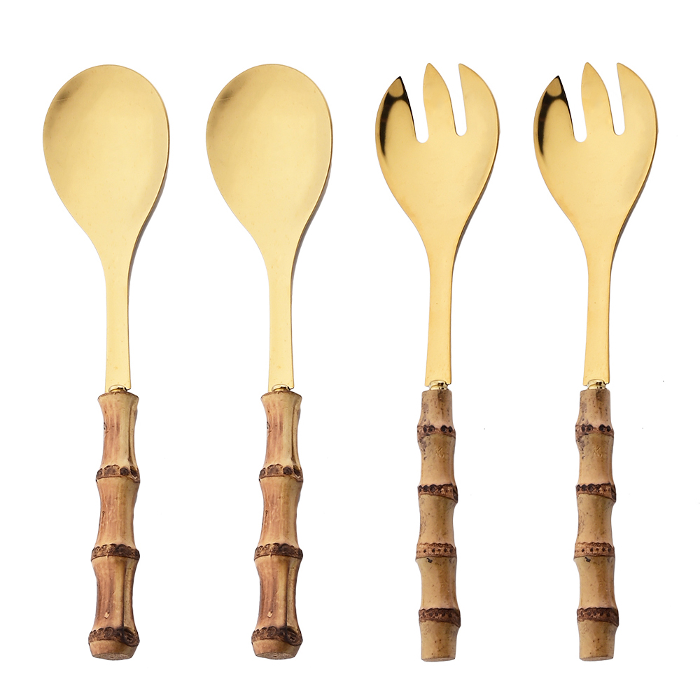 Juego de cubiertos de cocina con mango largo, cuchara para ensalada, tenedor, vajilla de acero inoxidable, mango de madera de bambú, 2/4 Uds.: Blanco