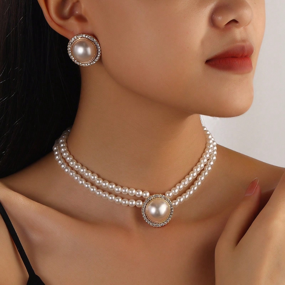 Bruidssieradenset met geometrische ronde strass-steentjes, imitatieparels, kralenketting en oorbellen, feestaccessoires voor dames
