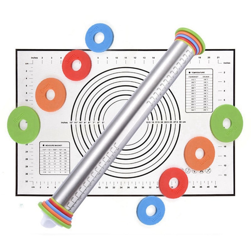 Rolling Pin Pastry Mat Set Stainless Steel with Scale Adjustable for Baking Dough Pizza Pastry Biscuits