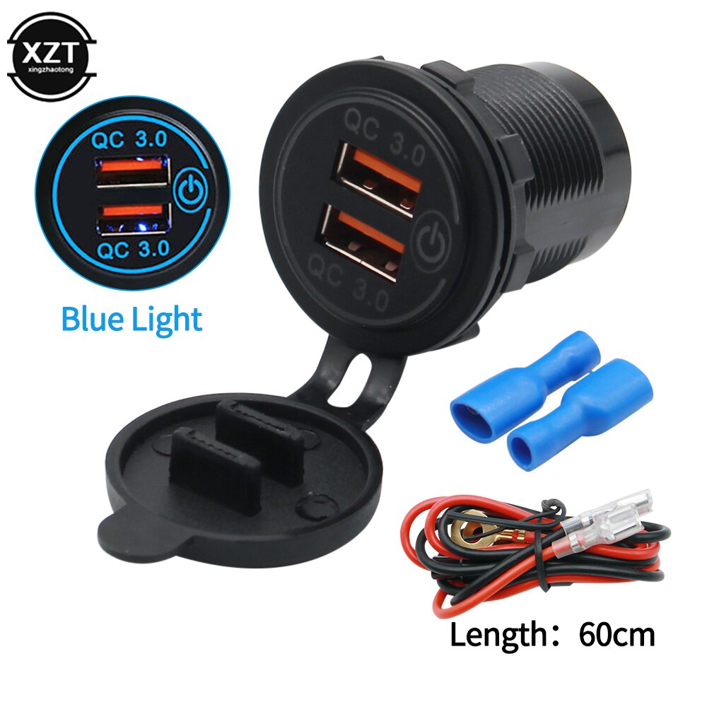 12v/24v 36w qc 3.0 2 usb lader stikkontakt berøringsbryter vanntett universal bil truck lade sokkel for telefon nettbrett kamera gps: Blå  w 60m kabel