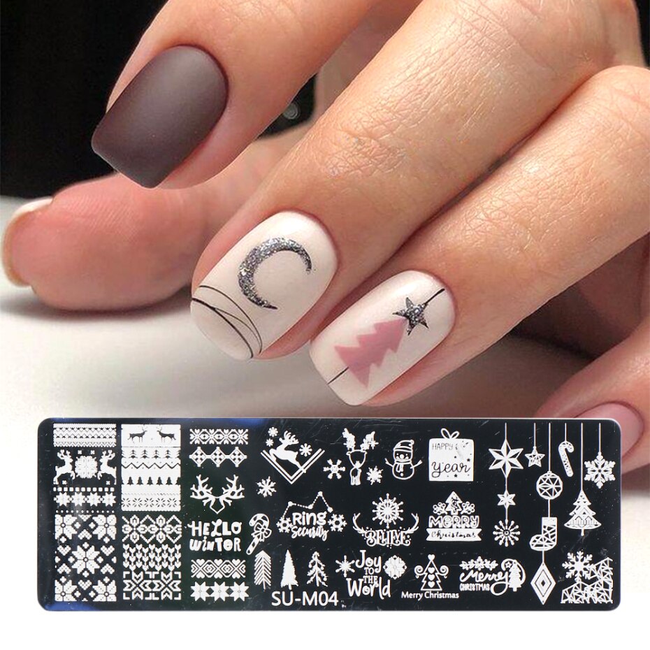 2PC Xmas zestaw warstw stemplujących na paznokcie płatki śniegu gwiazdy serca święta nowy rok projekt Nail artystyczny obraz Manicure wzornik LASUM01-M06-3