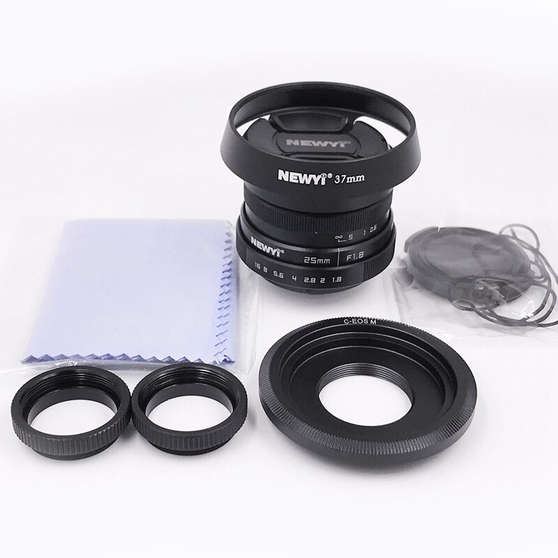 NEWYI 25mm F /1.8 CCTV Mini Lens for EOS M Mount Mirro Camera & Hood Adapter 7 in 1 Kit