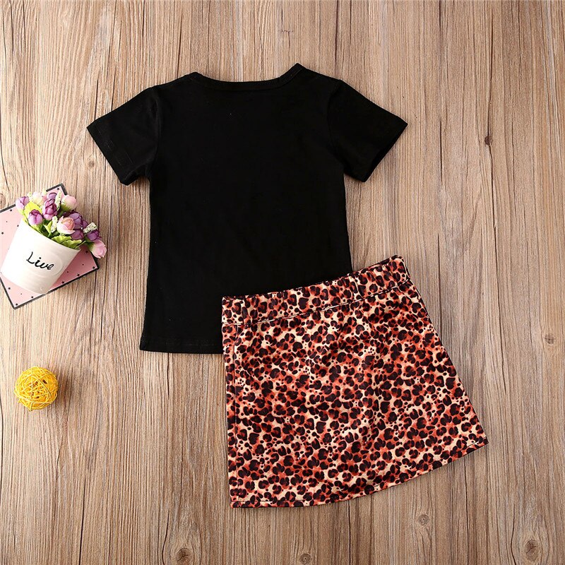 1-6Y Peuter Kids Baby Meisje Brief Korte Mouw Tops T-shirt Luipaard Rits Mini Rokken Zomer Outfits Meisje Kleding 2 Stuks set