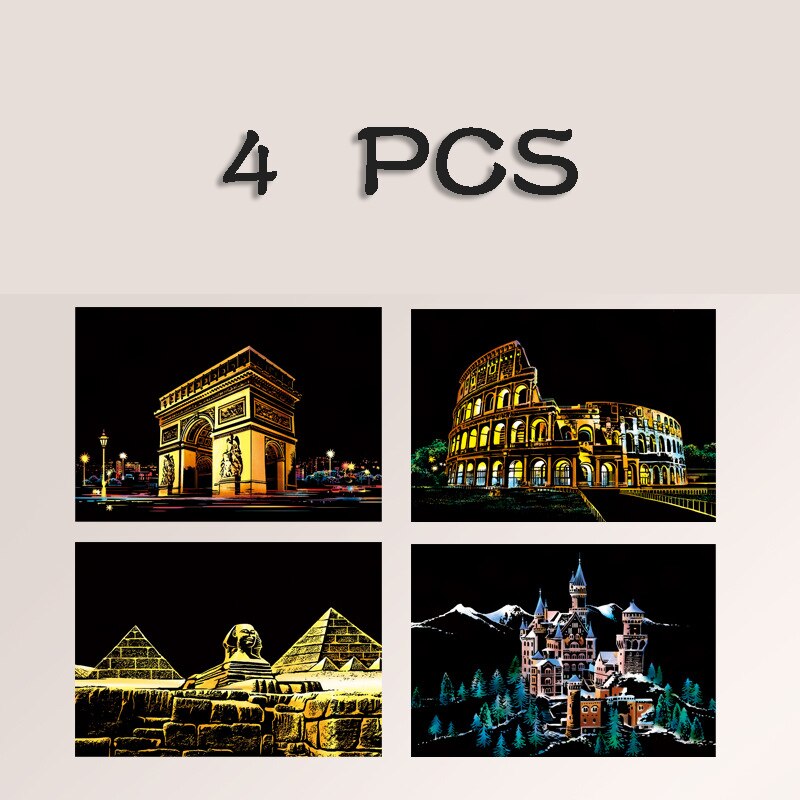 4 Stks/set Magic Kleurrijke A5 Tekentafel Papier Schilderen Schrapen Kinderen Tekening Onderwijs Speelgoed Schilderen Doodle Scratch Speelgoed: Ancient buildings