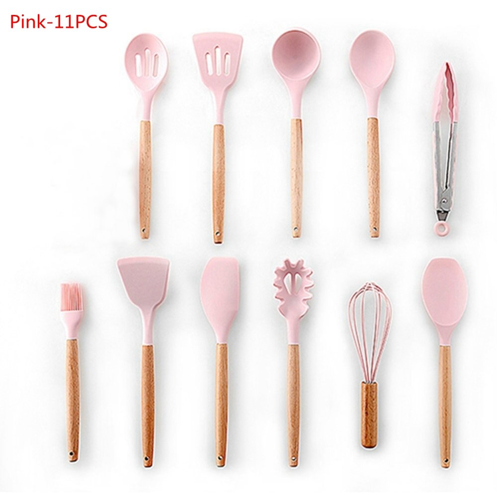 9/11Pcs Silicone Cooking Utensils Set Non-stick Spatula Shovel Wooden Handle Cooking Tools Set Kitchen Tools: 11Pcs Pink
