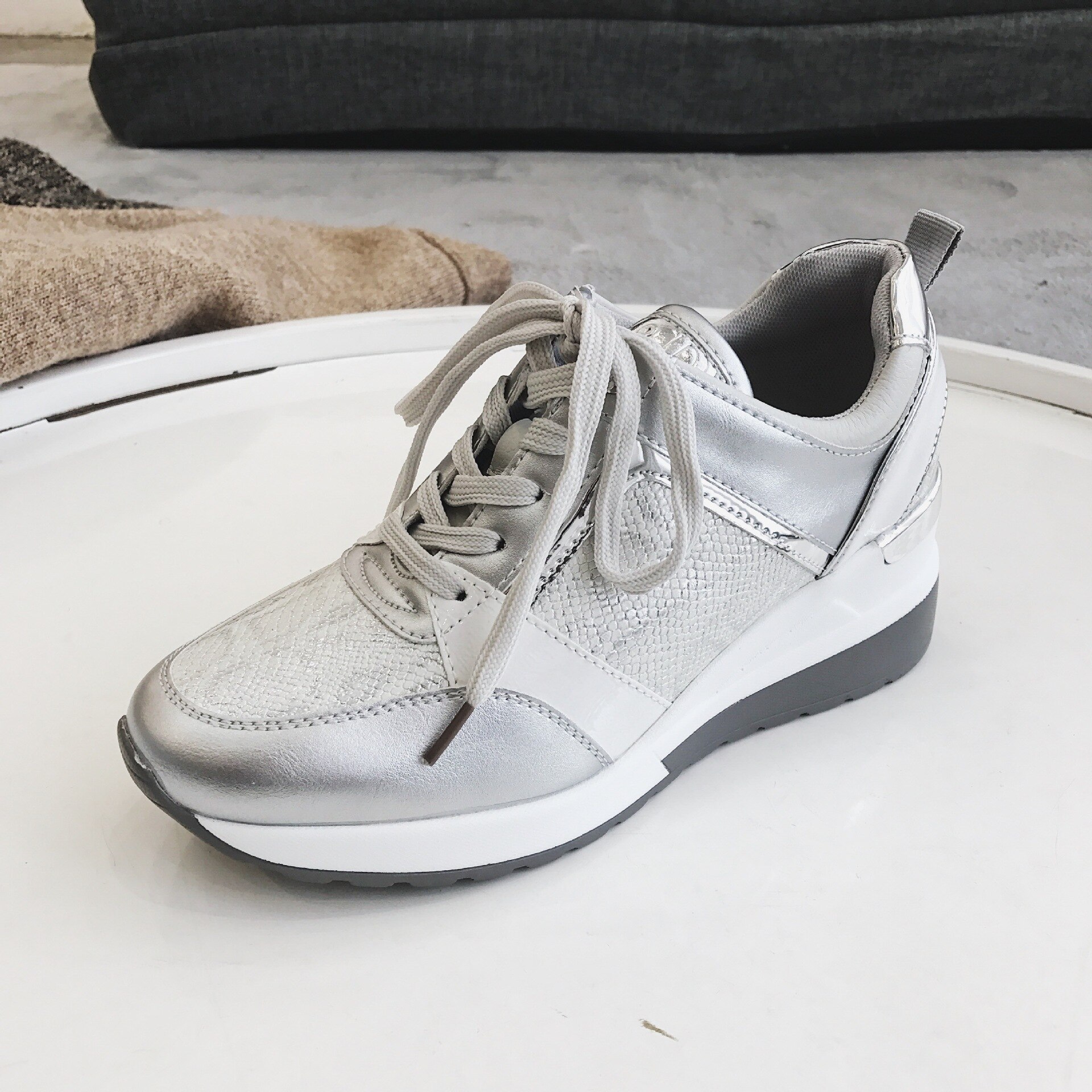 Kvinder leopard sneakers vinter efterår platform kiler dame sko slange mønster afslappet stil: Sølv / 40