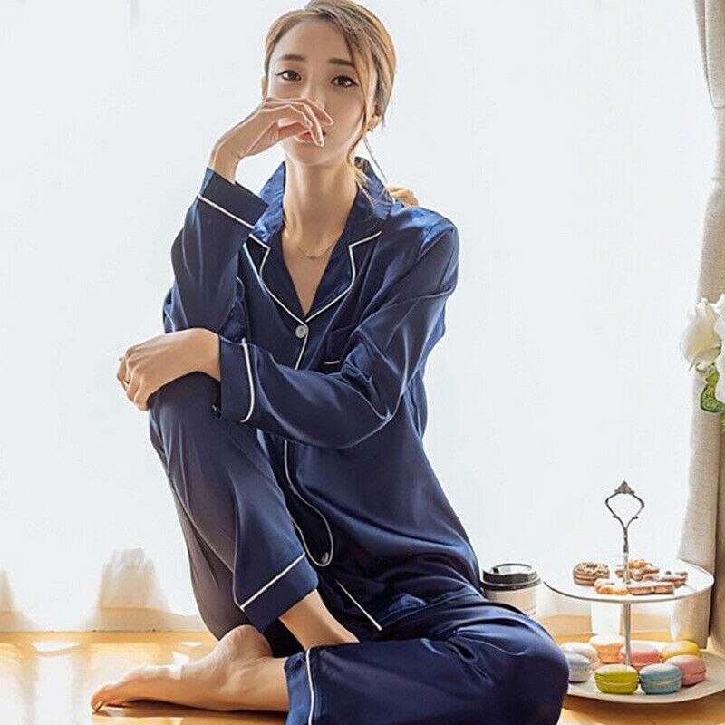 Women Girl Silk Satin Pajamas Set Pyjama Sleepwear Nightwear Loungewear Homewear Solid Color Comfortable Soft: Blue / XL