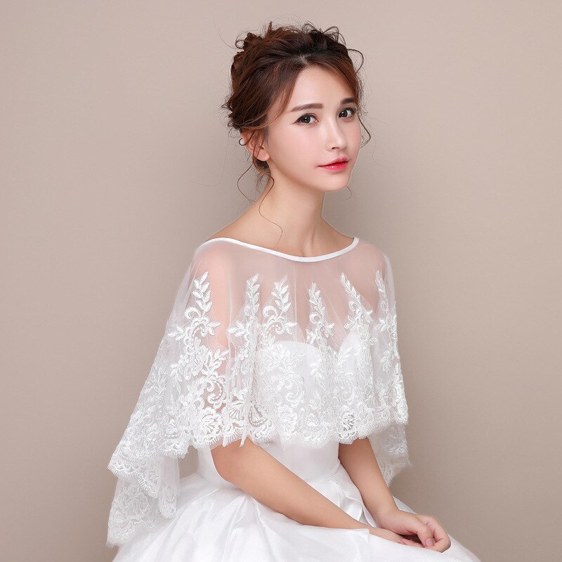 Vestido de novia de cuello redondo, chal de novia, corto, largo, frontal, trasero, fino y carnoso, chal de Novia de encaje con brazo