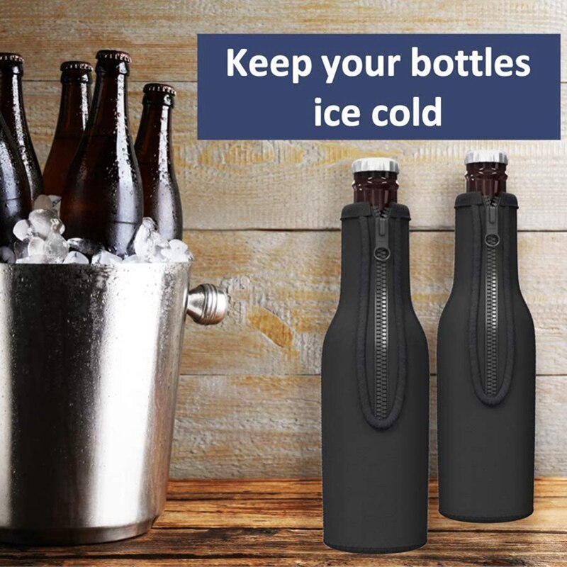 Bierfles Koeler Mouwen Houd Drankje Koud Zip-Up Extra Dikke Neopreen Geïsoleerde Sleeve Cover Black