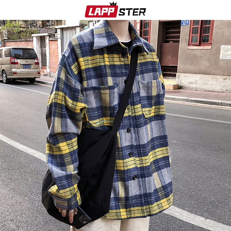 LAPPSTER, camisa a cuadros de color Vintage para hombre, , ropa de calle para hombre, camisas Harajuku gruesas de manga larga, camisa de coreana para pareja