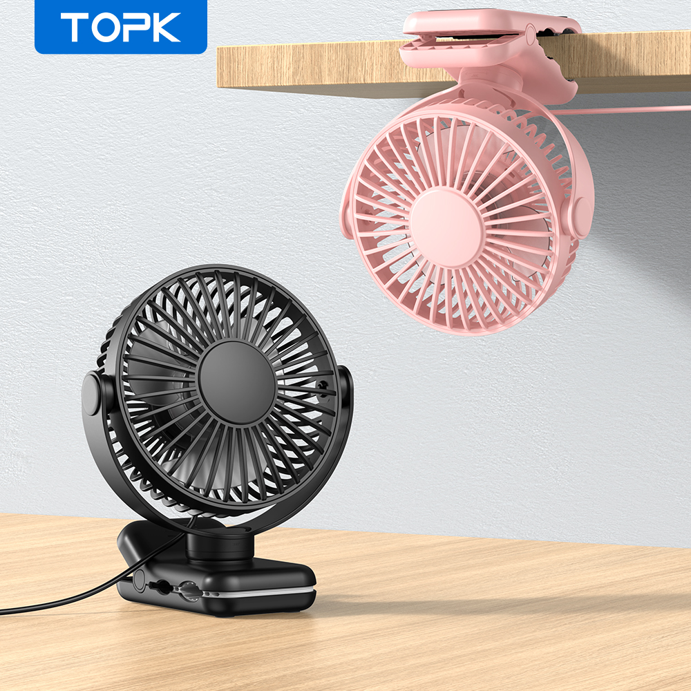 TOPK Mini ventilador portátil con clip, ventilador de escritorio USB, viento silencioso de 3 velocidades 720 ° Ventilador eléctrico personal giratorio, ventiladores de pie para habitación y hogar