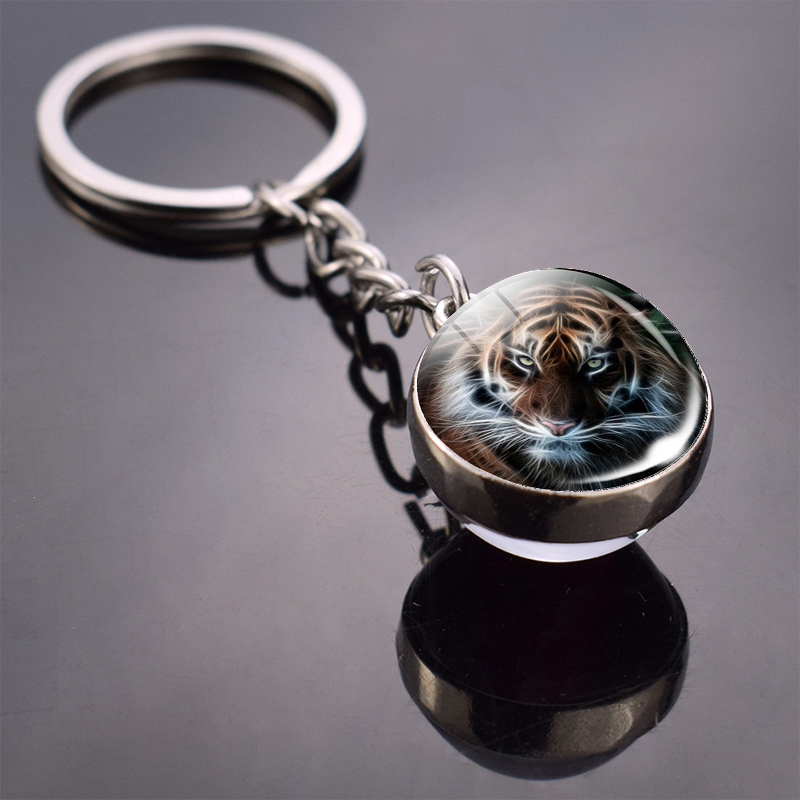 Tiger Keychain Animal Tiger Head Picture Glass Ball Key Chain Ring Keyfob Tiger Jewelry Valentine's: Red