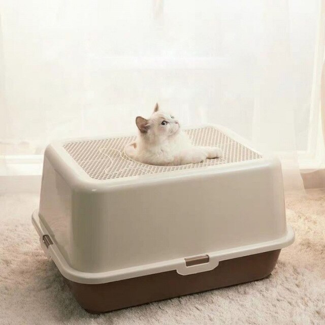 Fuldt lukket kat toilet kæledyr bedpanel anti stænk stor kattekuld top i sandkasse deodorization bakke send kattekuld skovl: Grå