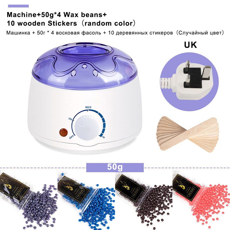 Electric Mini Wax-melt Heater Machine 4 Bags Wax Bean 10 Wood Stickers Hair Removal Machine Waxing Kit Calentador de cera: White UK plug