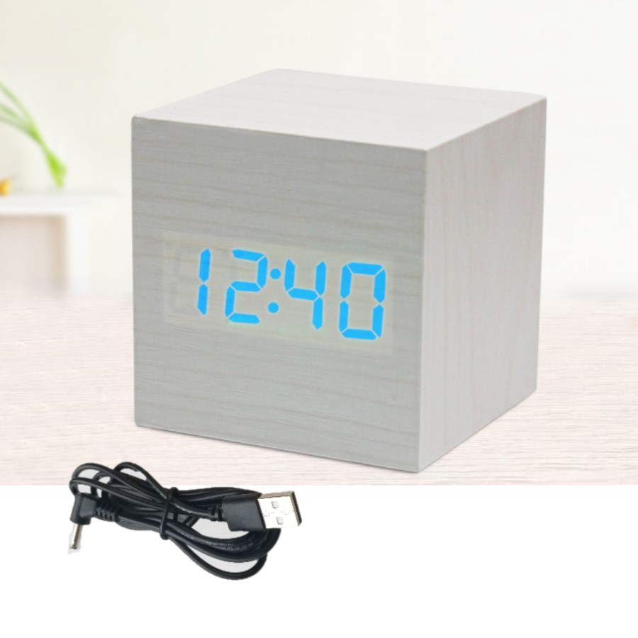 ! mini digital trä led väckarklocka trä retro glöd klocka skrivbord bord dekor röststyrning snooze funktion skrivbord kalender: Vit träblå