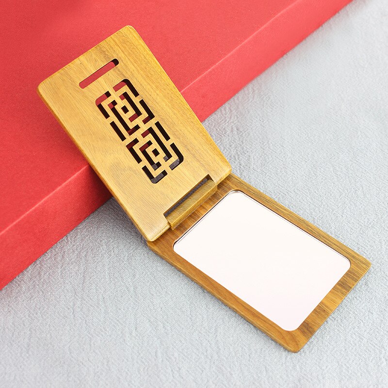 Carved Green Sandalwood Makeup Mirrors Folded Double-sided Wood Comestic Mirror Sandalwood Portable Small Pocket Mirror