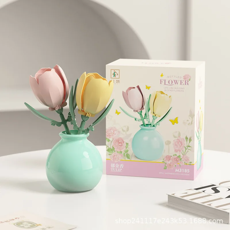 Building block pot plant bouquet of flowers, roses, lily building blocks, toys with flower pots, cute living room ornaments: YELLOW