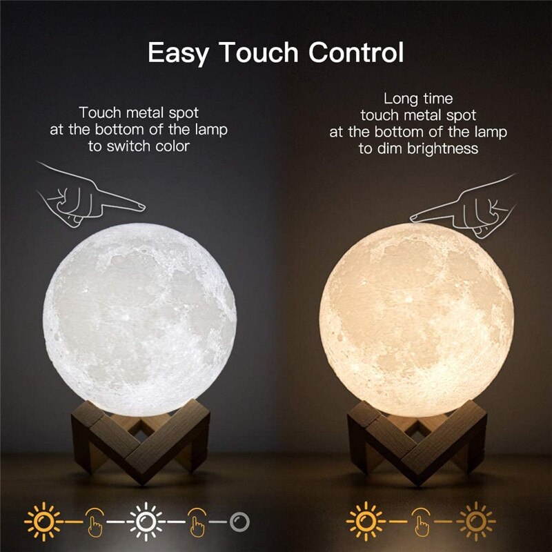 lámpara de Luna recargable con impresión 3D, luz LED nocturna, Interruptor táctil , luz de luna para decoración de dormitorio, de cumpleaños