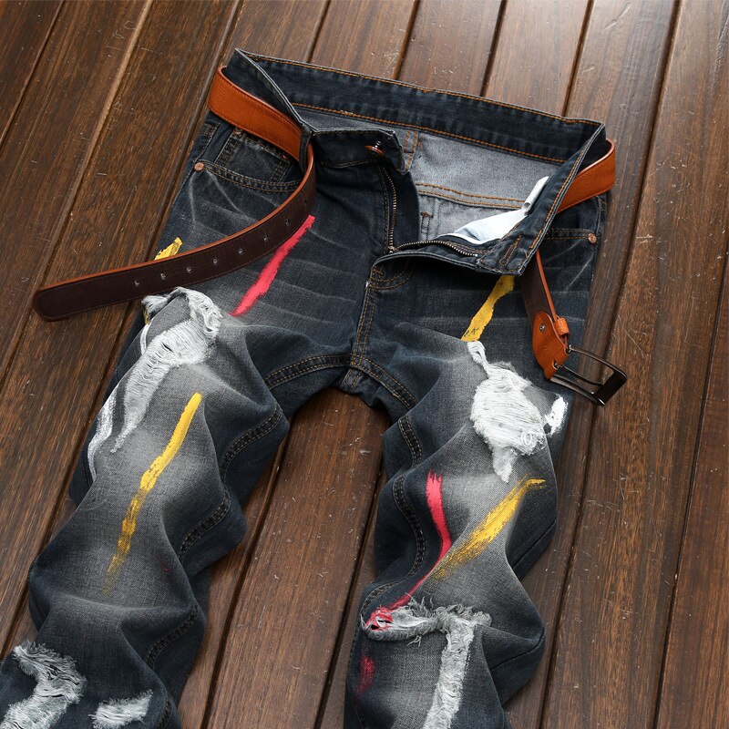 Men's Printed Jeans hole personality nostalgia Slim ripped black jeans men Cotton Straight Leg Cool Jeans For Young Men: 38