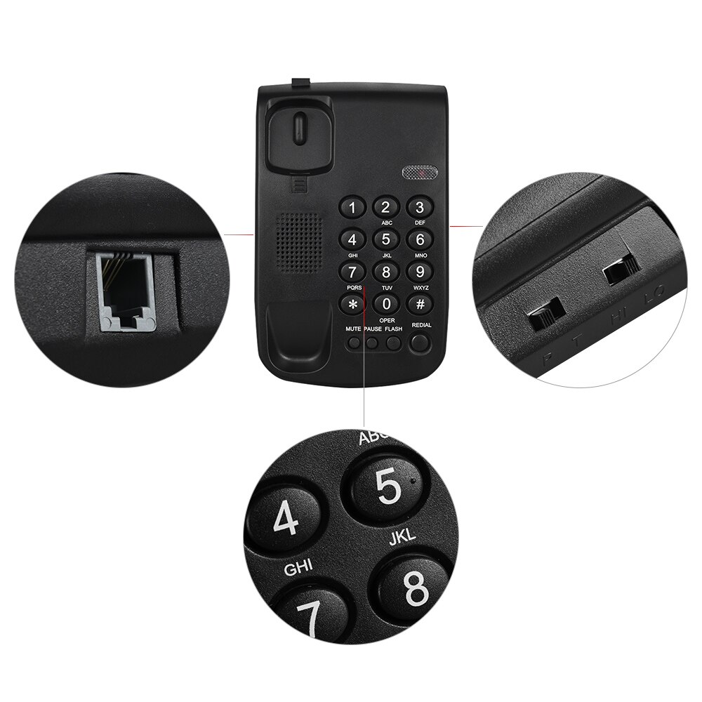 Portable Corded Telephone Phone Pause/ Redial/ Flash/ Mute Mechanical Lock Wall Mountable Base Handset for House Home Office