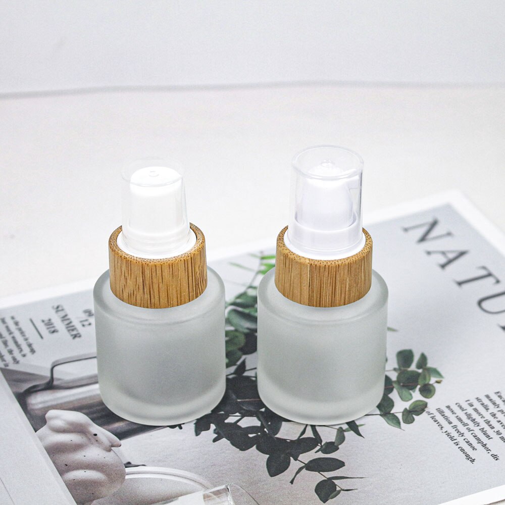 20ml gennemsigtige matteret glas lotion pumpe flaske kosmetisk naturligt træ bambus hætte spray emballage beholder