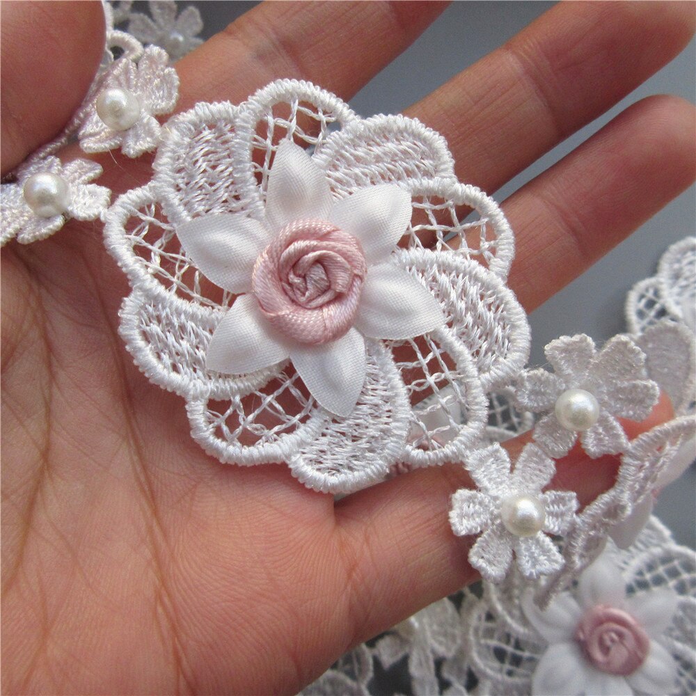 10X5Cm 3D Parel Roze Bloemen Geborduurde Kant Trim Lint Patches Applique Stof Diy Trouwjurk Naaibenodigdheden craft