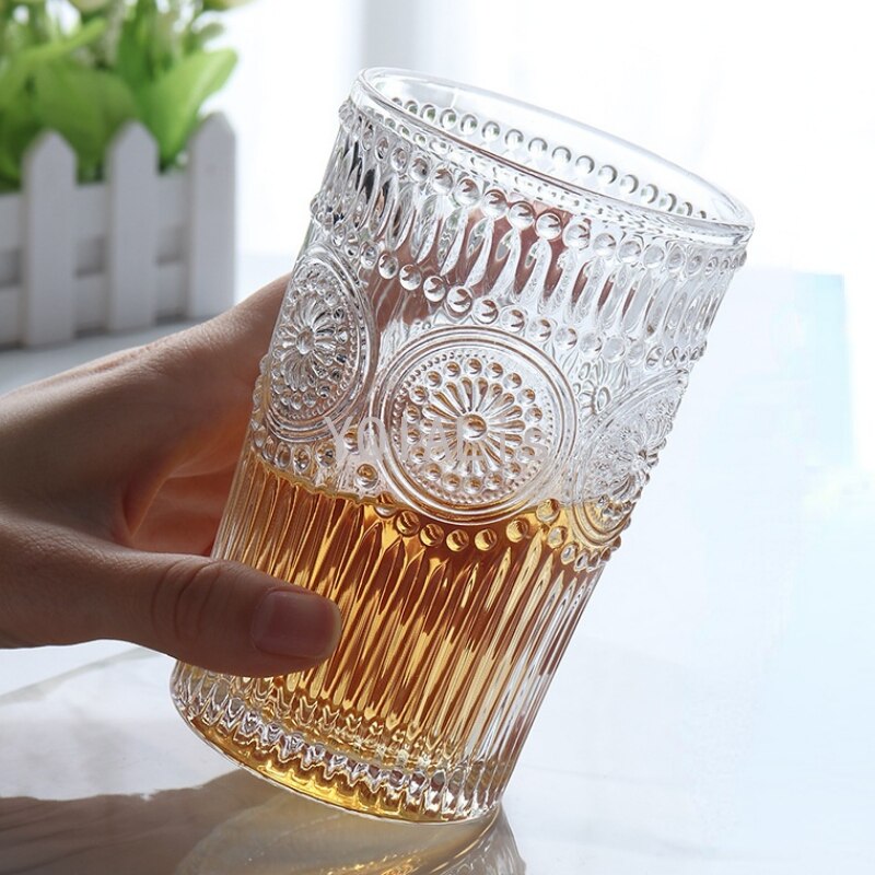 Sense of Weight 250-380ml Vintage Embossed Wine Cup Ins Whiskey Vodka Sun Flower Stemless Golden Mouth Ice Coffee Bar Drinkware